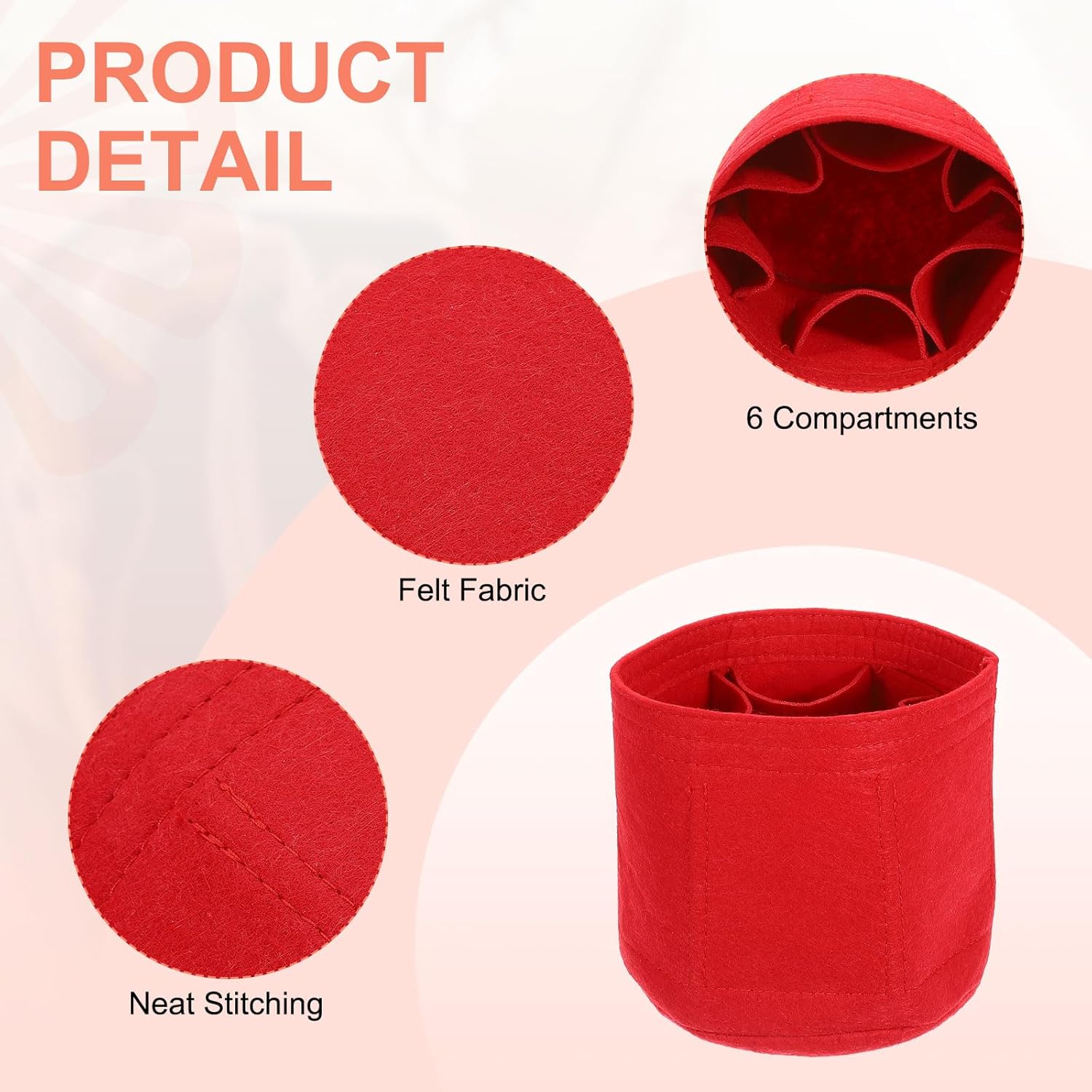 Purse Organizer Insert, Portable Felt Organizer Bags Round Multiple Compartments Purse Liner for Bucket Bag, Domed Satchel, Tote Bag, Handbag Shaper 6" x 6", Red