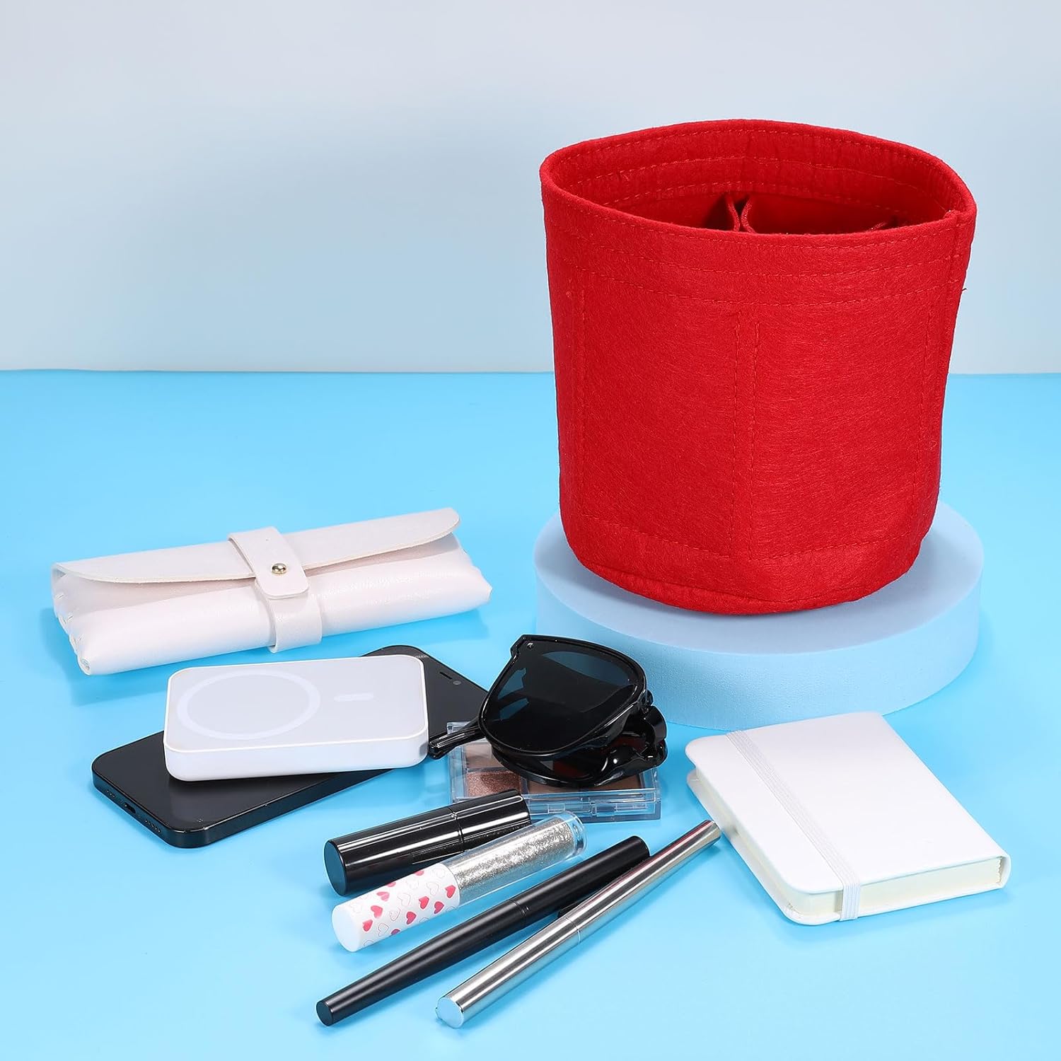 Purse Organizer Insert, Portable Felt Organizer Bags Round Multiple Compartments Purse Liner for Bucket Bag, Domed Satchel, Tote Bag, Handbag Shaper 6" x 6", Red