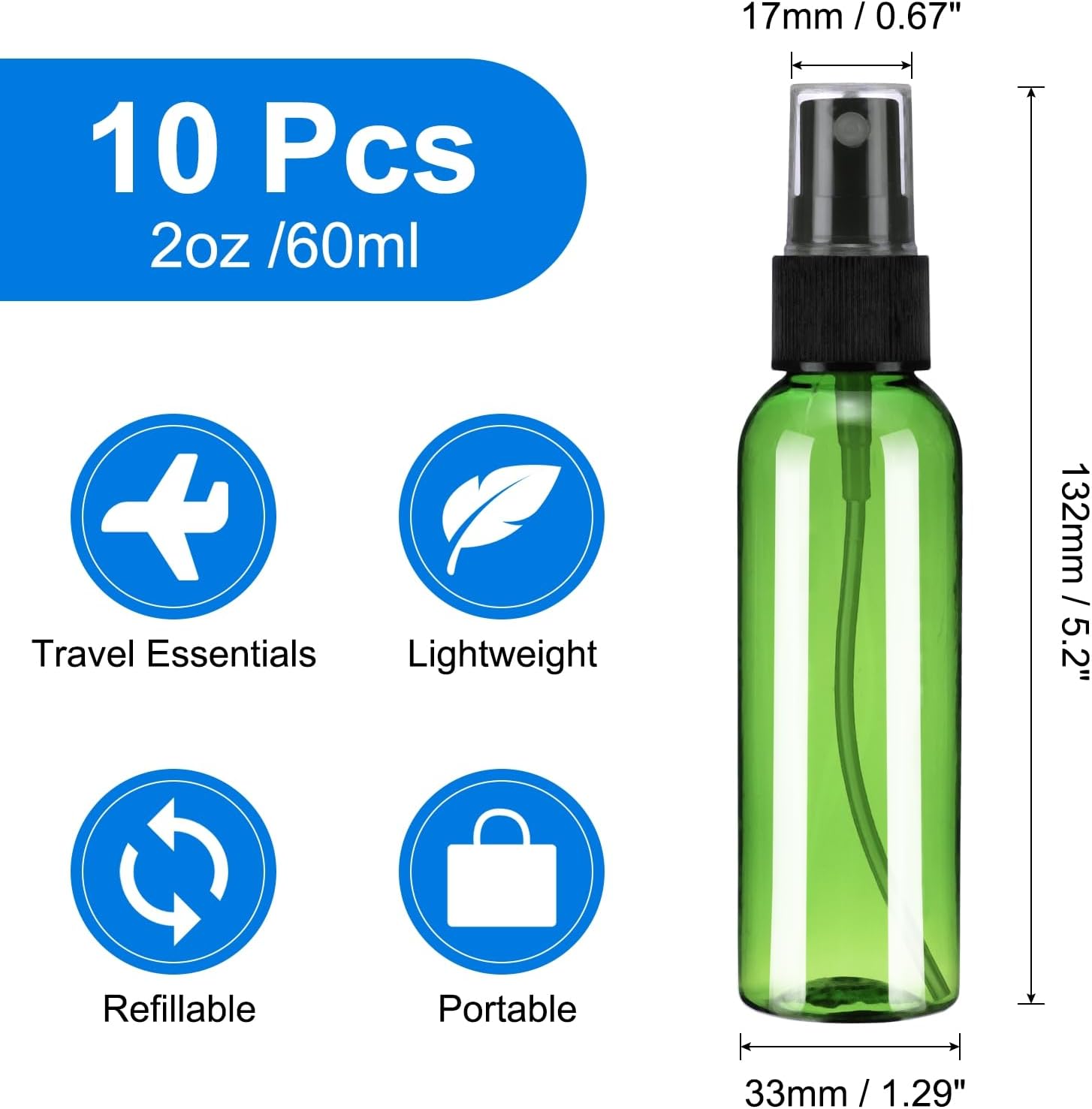 10Pack Spray Bottles, 2 Oz/60ML Reusable Clear Empty Mist Plastic Mini Travel Bottle Set,Small Refillable Liquid Containers for Household Use, Essential Oil, Cleaning Green Black