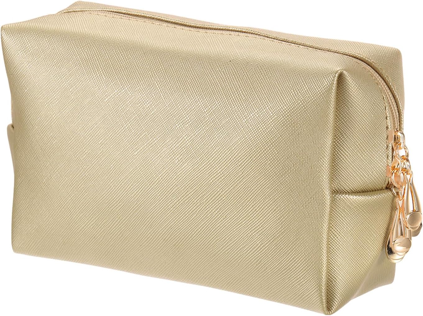 PU Leather Square Makeup Bag, Waterproof Cosmetic Organizer Bag Zipper Pouch Travel Toiletry Bag for Women for Makeup Brush Holder Bronze Gold, Small