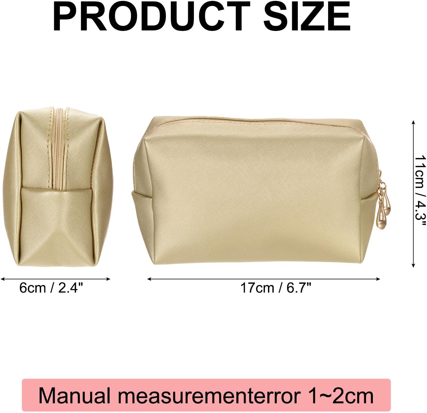 PU Leather Square Makeup Bag, Waterproof Cosmetic Organizer Bag Zipper Pouch Travel Toiletry Bag for Women for Makeup Brush Holder Bronze Gold, Small