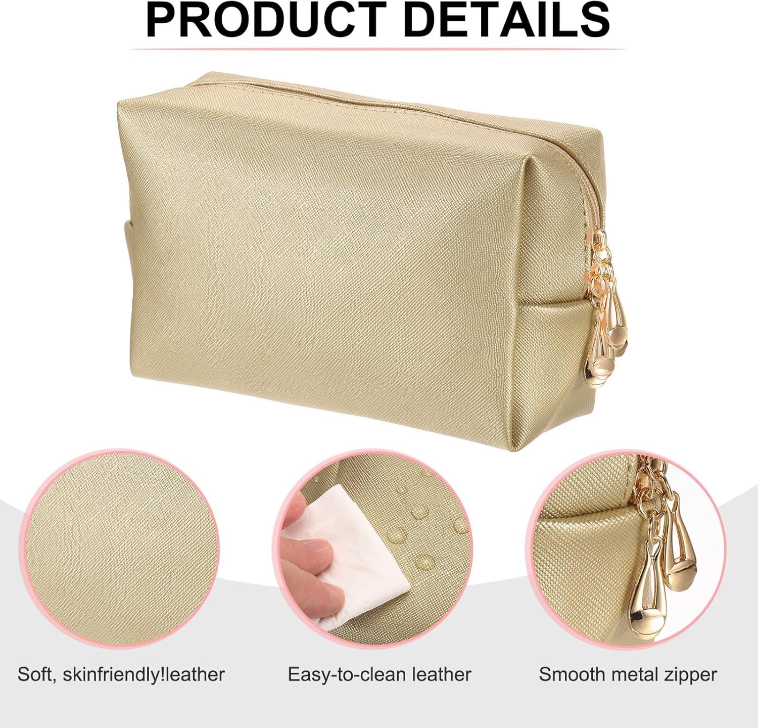 PU Leather Square Makeup Bag, Waterproof Cosmetic Organizer Bag Zipper Pouch Travel Toiletry Bag for Women for Makeup Brush Holder Bronze Gold, Small