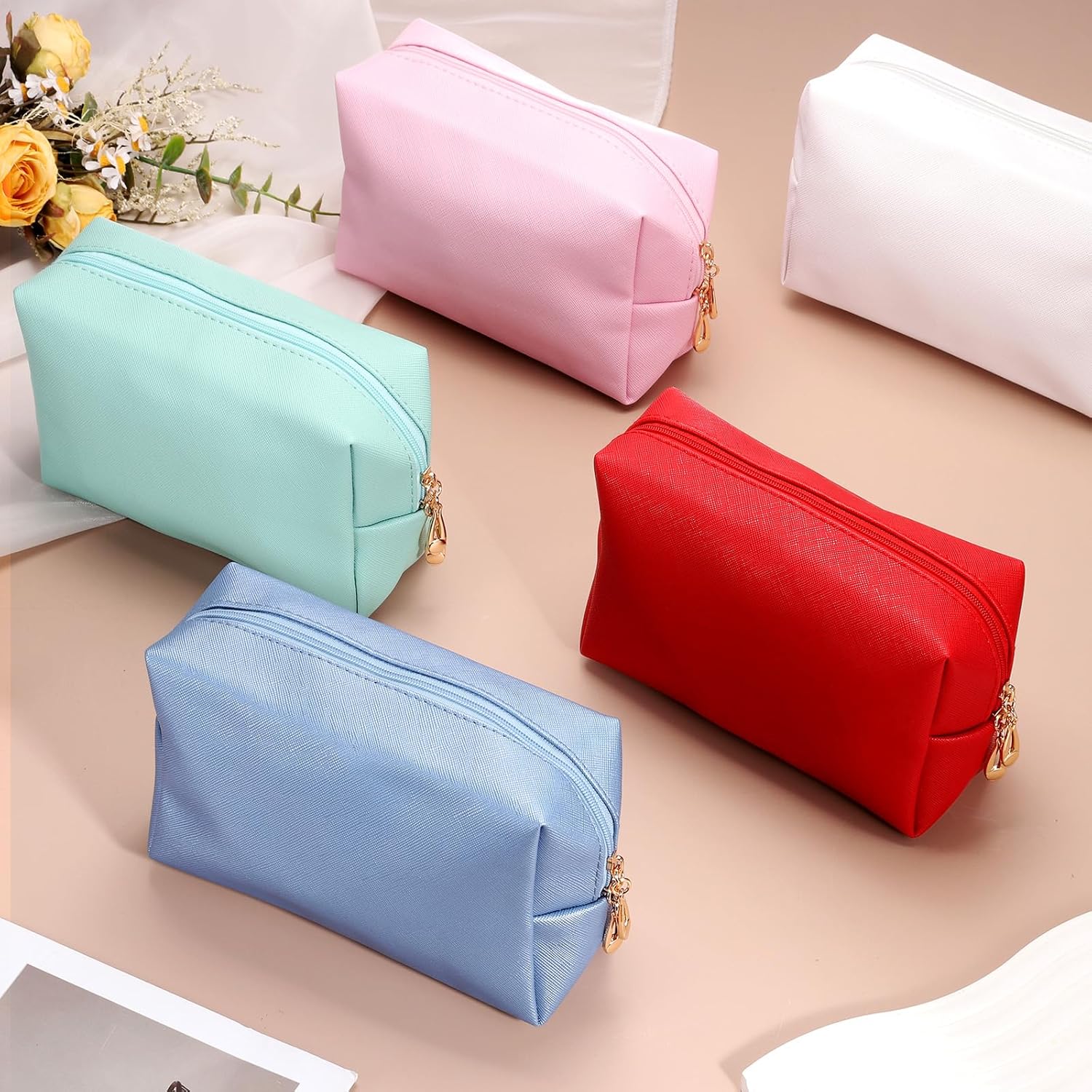 PU Leather Square Makeup Bag, Waterproof Cosmetic Organizer Bag Zipper Pouch Travel Toiletry Bag for Women for Makeup Brush Holder Bronze Gold, Small