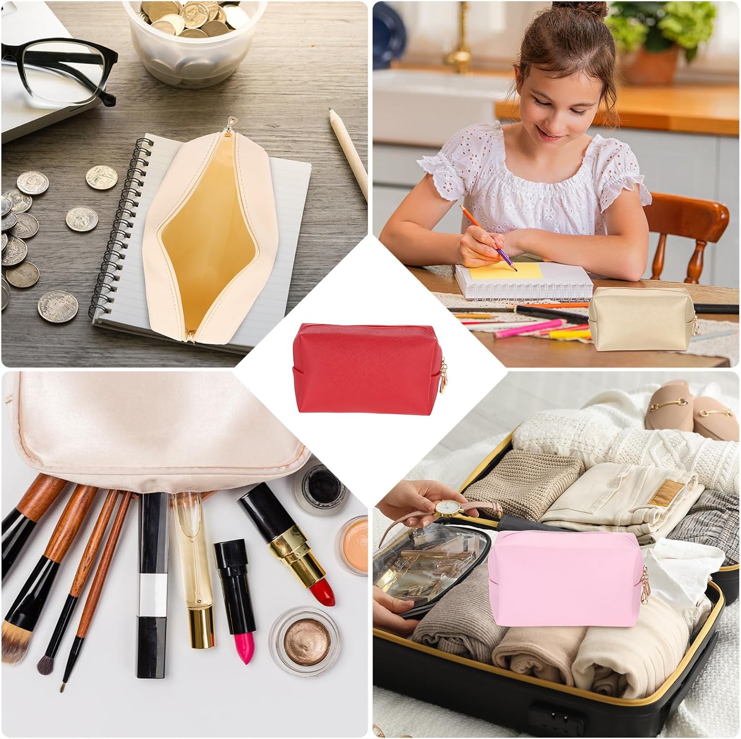 PU Leather Square Makeup Bag, Waterproof Cosmetic Organizer Bag Zipper Pouch Travel Toiletry Bag for Women for Makeup Brush Holder Bronze Gold, Small