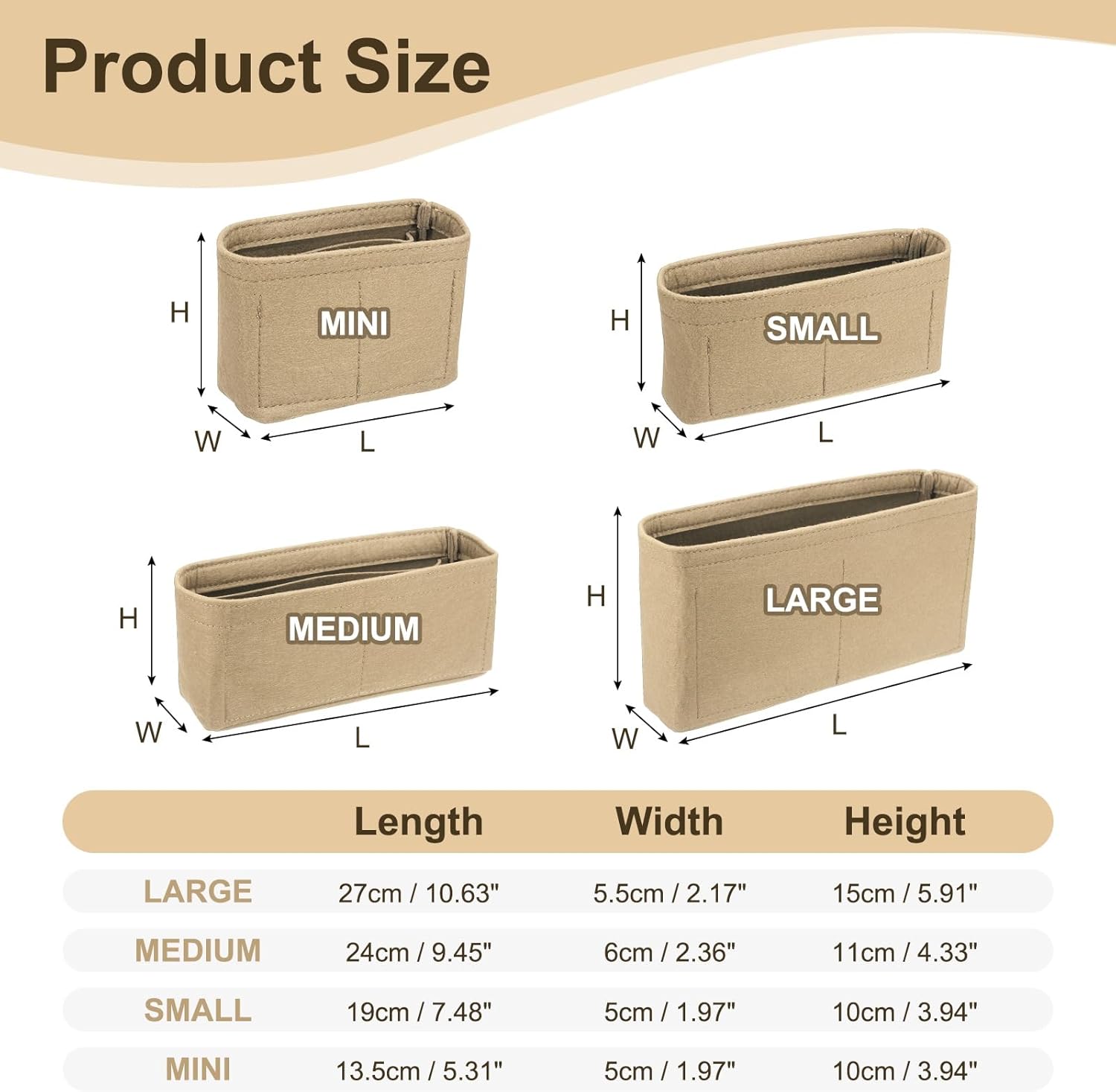 Purse Organizer Insert, Felt Portable Handbag Shaper Multiple Compartments Liner Pouch for Handbag Purse Tote Bag, 5.3" x 2" x 4", Beige