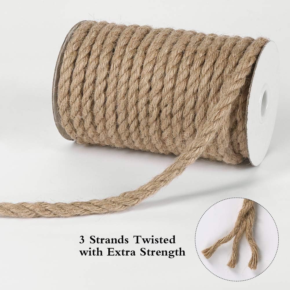 8mm Jute Rope, 50 Feet Heavy Duty and Thick Twine Rope for Crafts, Gardening, Cat Scratching Post, Home Decor