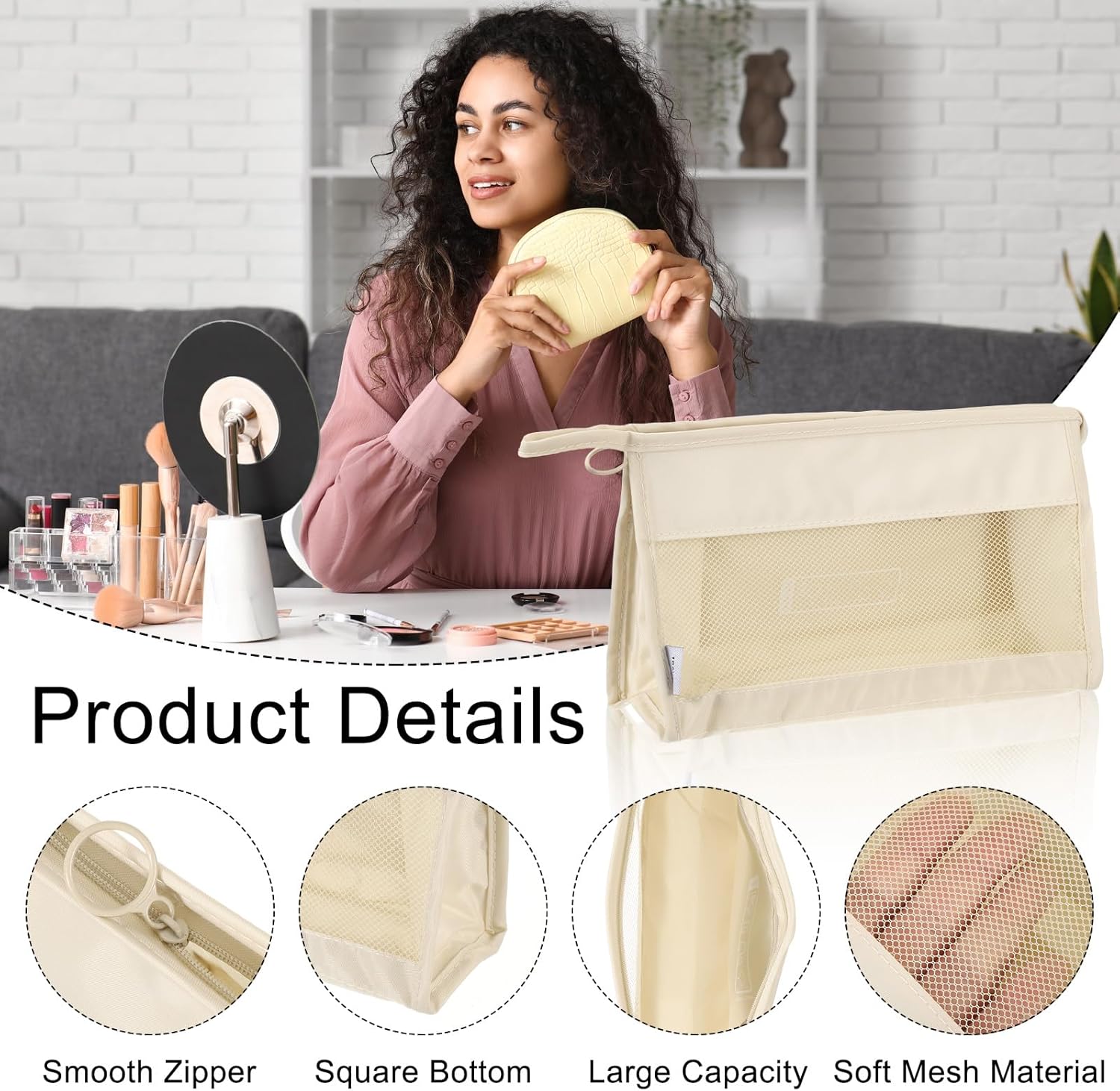 Mesh Makeup Bag, Large Capacity Travel Zipper Cosmetic Bags, Beach Mesh Toiletry Pouches Purse Storage Organizer for Women Girls, Cream