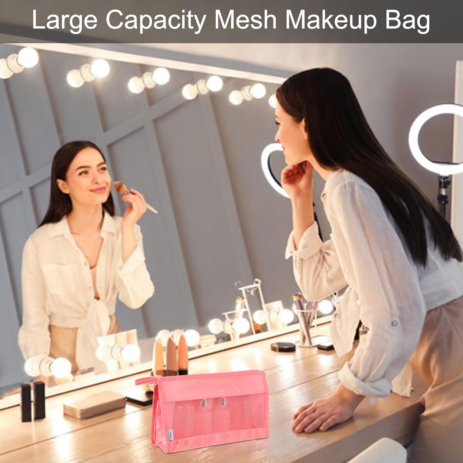 Mesh Makeup Bag, Large Capacity Travel Zipper Cosmetic Bags, Beach Mesh Toiletry Pouches Purse Storage Organizer for Women Girls, Cream