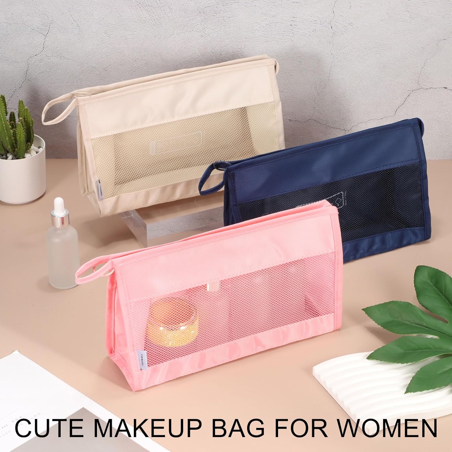 Mesh Makeup Bag, Large Capacity Travel Zipper Cosmetic Bags, Beach Mesh Toiletry Pouches Purse Storage Organizer for Women Girls, Cream