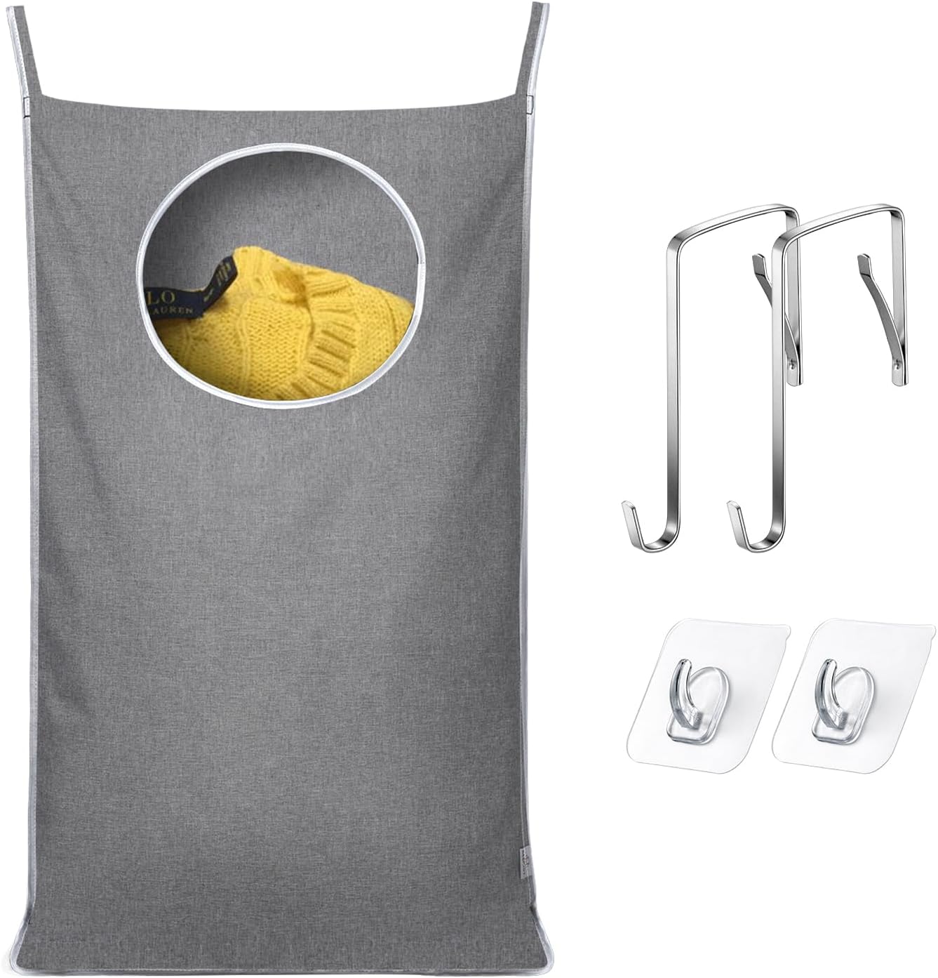 Hanging Laundry Hamper Bag with 2 Different Types of Hooks, Size 20 x 30 Inch Door Laundry Hamper Storage Bag for Dirty Clothes, Blankets, and Toys Grey, 1-Pack