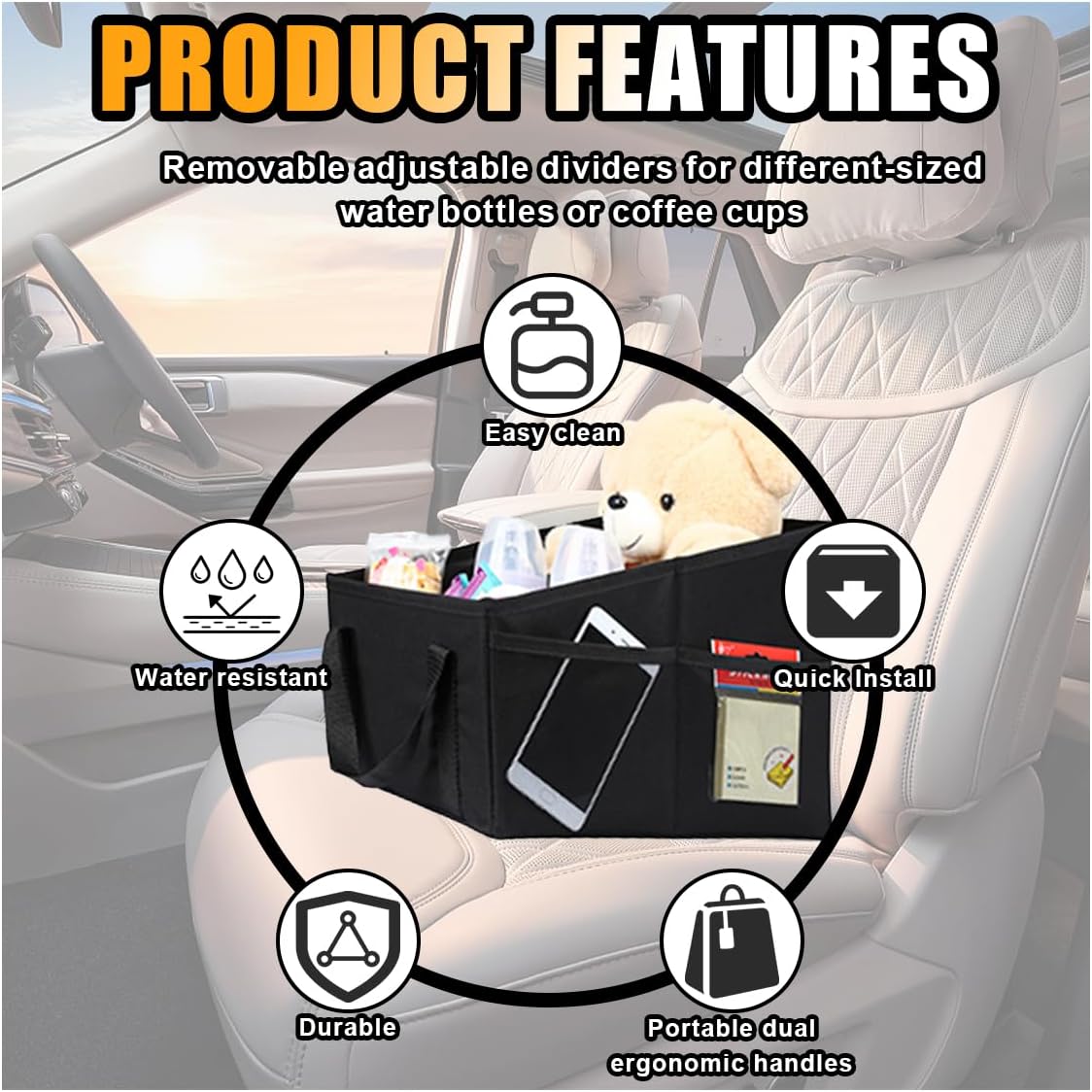 Car Seat Organizer, Foldable Car Storage Organizer with 4 Cup Holders, Rear & Front Seat Storage Bags, Black