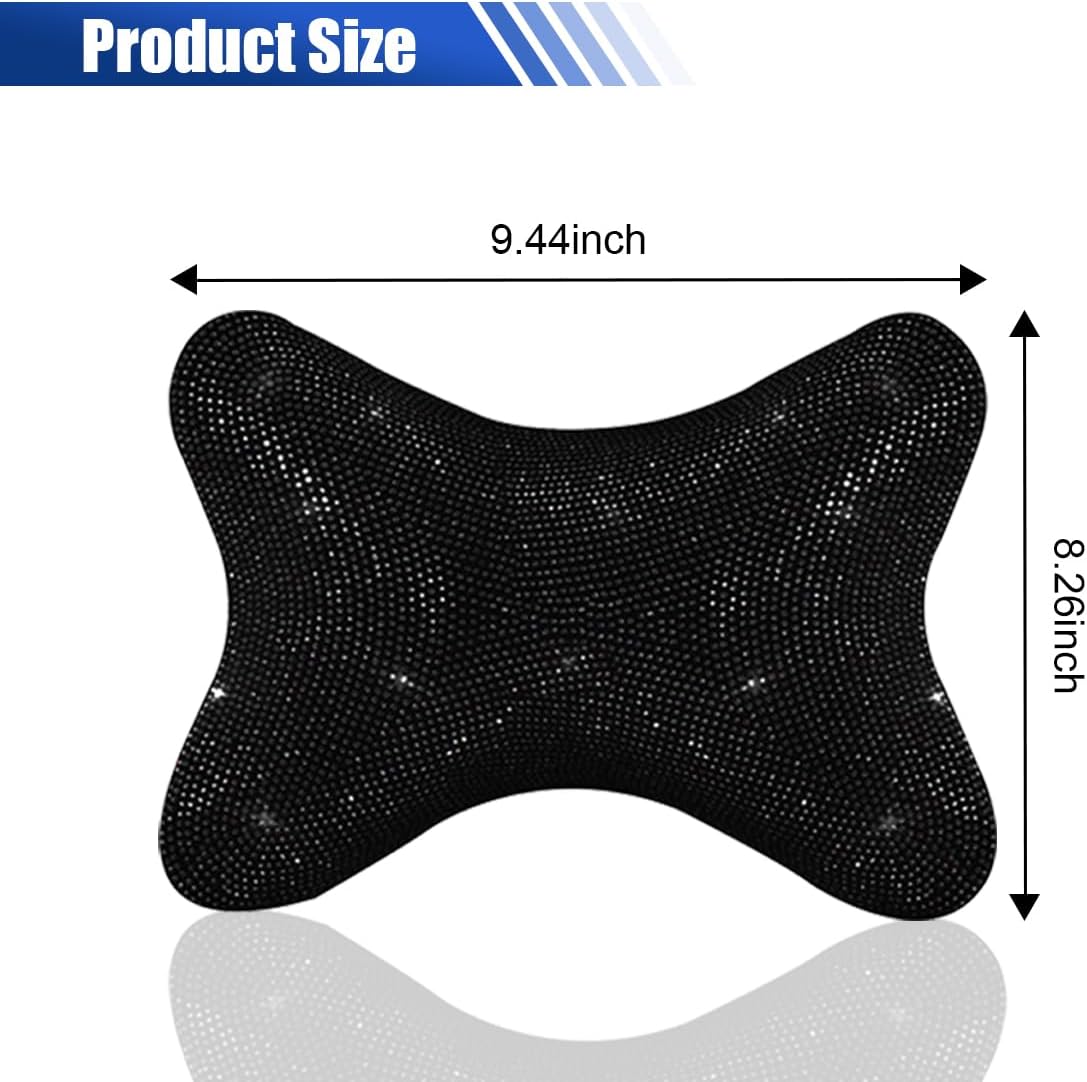 2PCS Car Neck Pillow for Driving Seat, Bling Crystal Rhinestone Diamond Comfortable Headrest Cushion, Head Rest Neck Support Relax, Car Interior Accessories for Women Girly Black