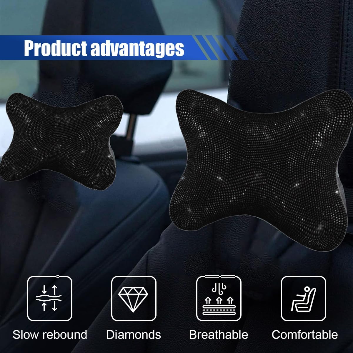 2PCS Car Neck Pillow for Driving Seat, Bling Crystal Rhinestone Diamond Comfortable Headrest Cushion, Head Rest Neck Support Relax, Car Interior Accessories for Women Girly Black