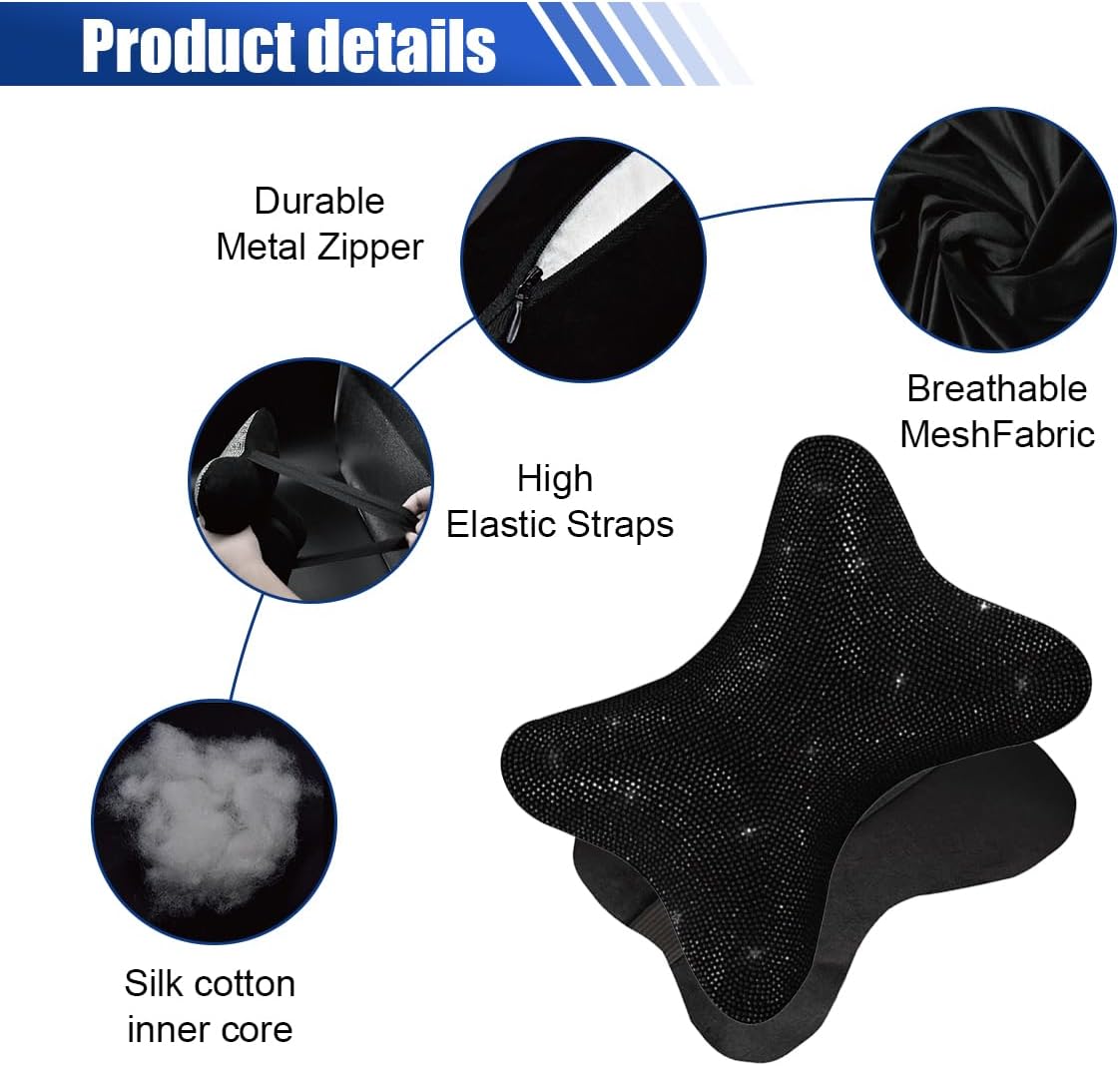 2PCS Car Neck Pillow for Driving Seat, Bling Crystal Rhinestone Diamond Comfortable Headrest Cushion, Head Rest Neck Support Relax, Car Interior Accessories for Women Girly Black