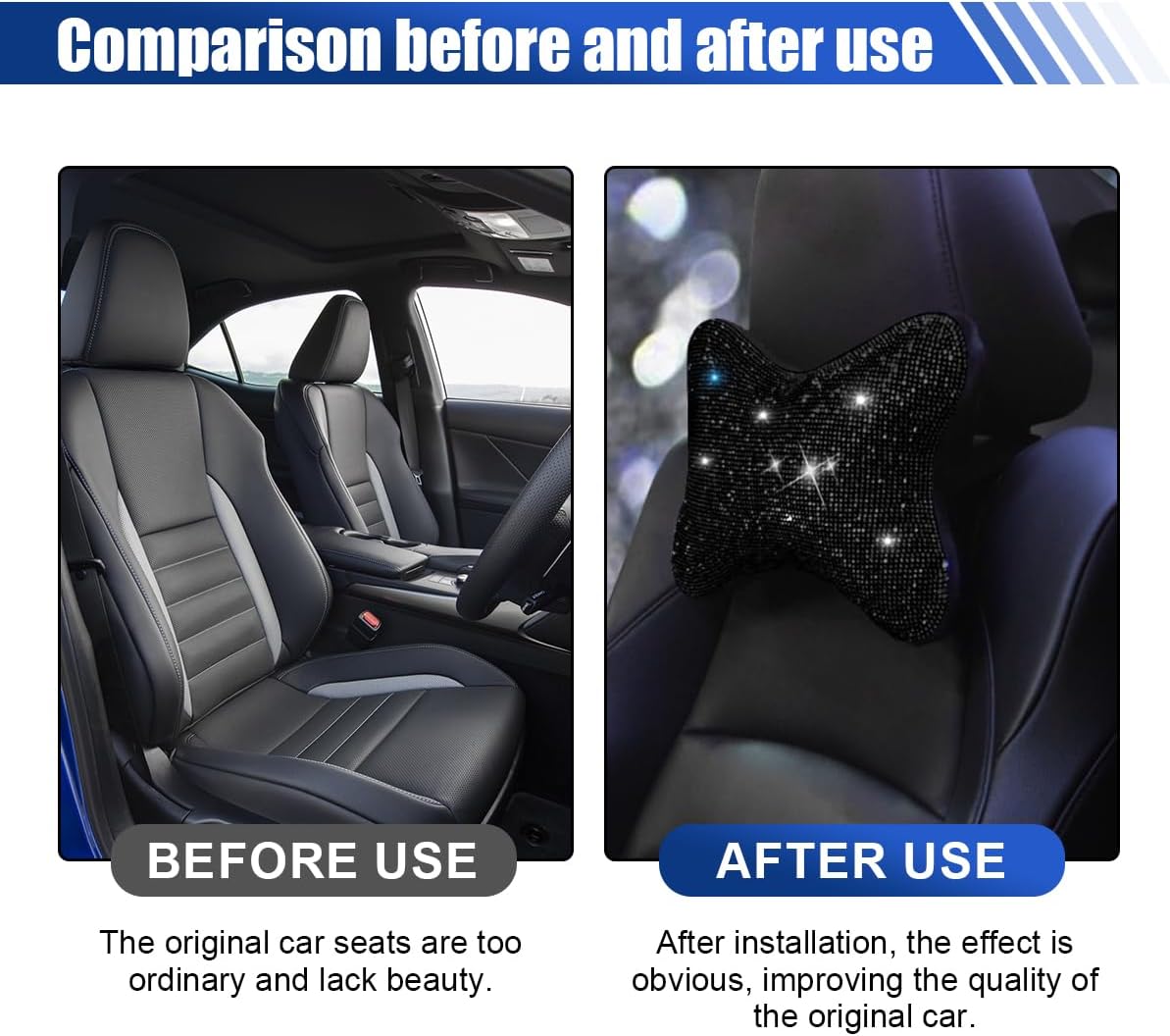 2PCS Car Neck Pillow for Driving Seat, Bling Crystal Rhinestone Diamond Comfortable Headrest Cushion, Head Rest Neck Support Relax, Car Interior Accessories for Women Girly Black