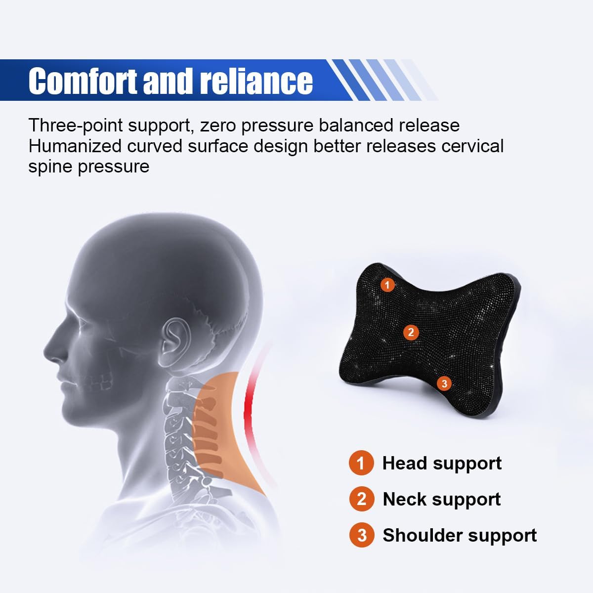 2PCS Car Neck Pillow for Driving Seat, Bling Crystal Rhinestone Diamond Comfortable Headrest Cushion, Head Rest Neck Support Relax, Car Interior Accessories for Women Girly Black