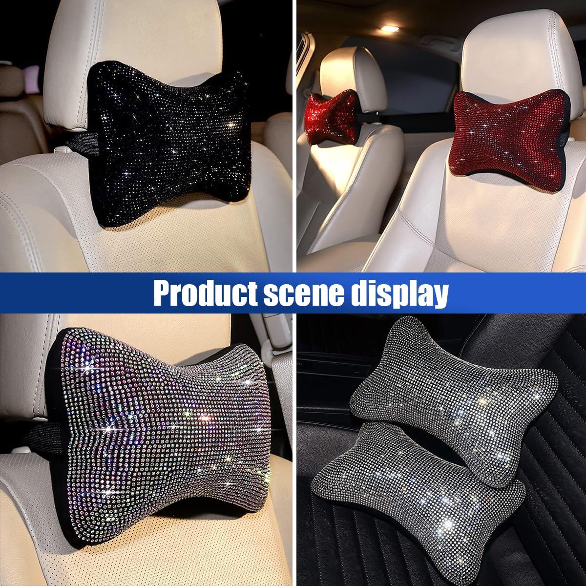 2PCS Car Neck Pillow for Driving Seat, Bling Crystal Rhinestone Diamond Comfortable Headrest Cushion, Head Rest Neck Support Relax, Car Interior Accessories for Women Girly Black