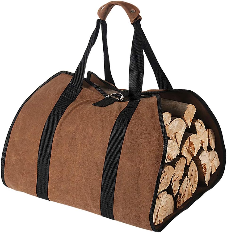 Firewood Carrier, 38in x 18in 16oz Waxed Canvas Log Carrier for Firewood, Wood Carrying Bag with Handles Securing Straps for Indoors Camping Trip, Gifts for Men Dad Husband Brown