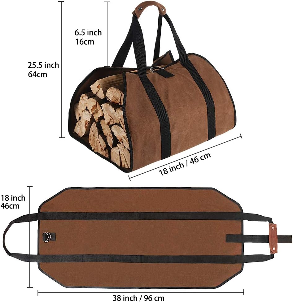 Firewood Carrier, 38in x 18in 16oz Waxed Canvas Log Carrier for Firewood, Wood Carrying Bag with Handles Securing Straps for Indoors Camping Trip, Gifts for Men Dad Husband Brown