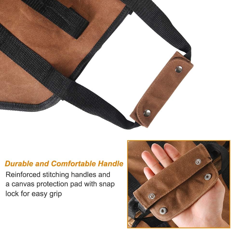 Firewood Carrier, 38in x 18in 16oz Waxed Canvas Log Carrier for Firewood, Wood Carrying Bag with Handles Securing Straps for Indoors Camping Trip, Gifts for Men Dad Husband Brown