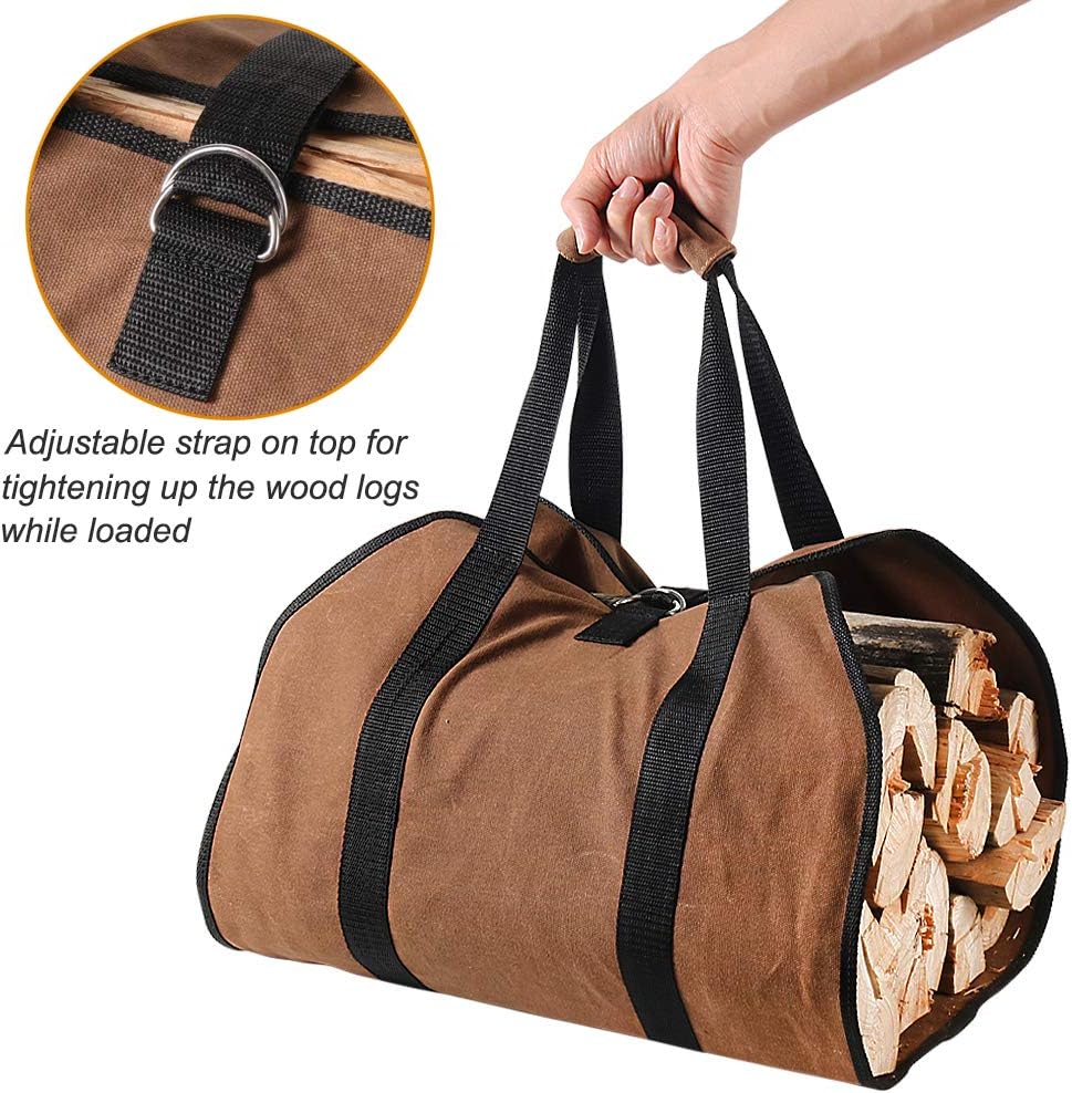 Firewood Carrier, 38in x 18in 16oz Waxed Canvas Log Carrier for Firewood, Wood Carrying Bag with Handles Securing Straps for Indoors Camping Trip, Gifts for Men Dad Husband Brown