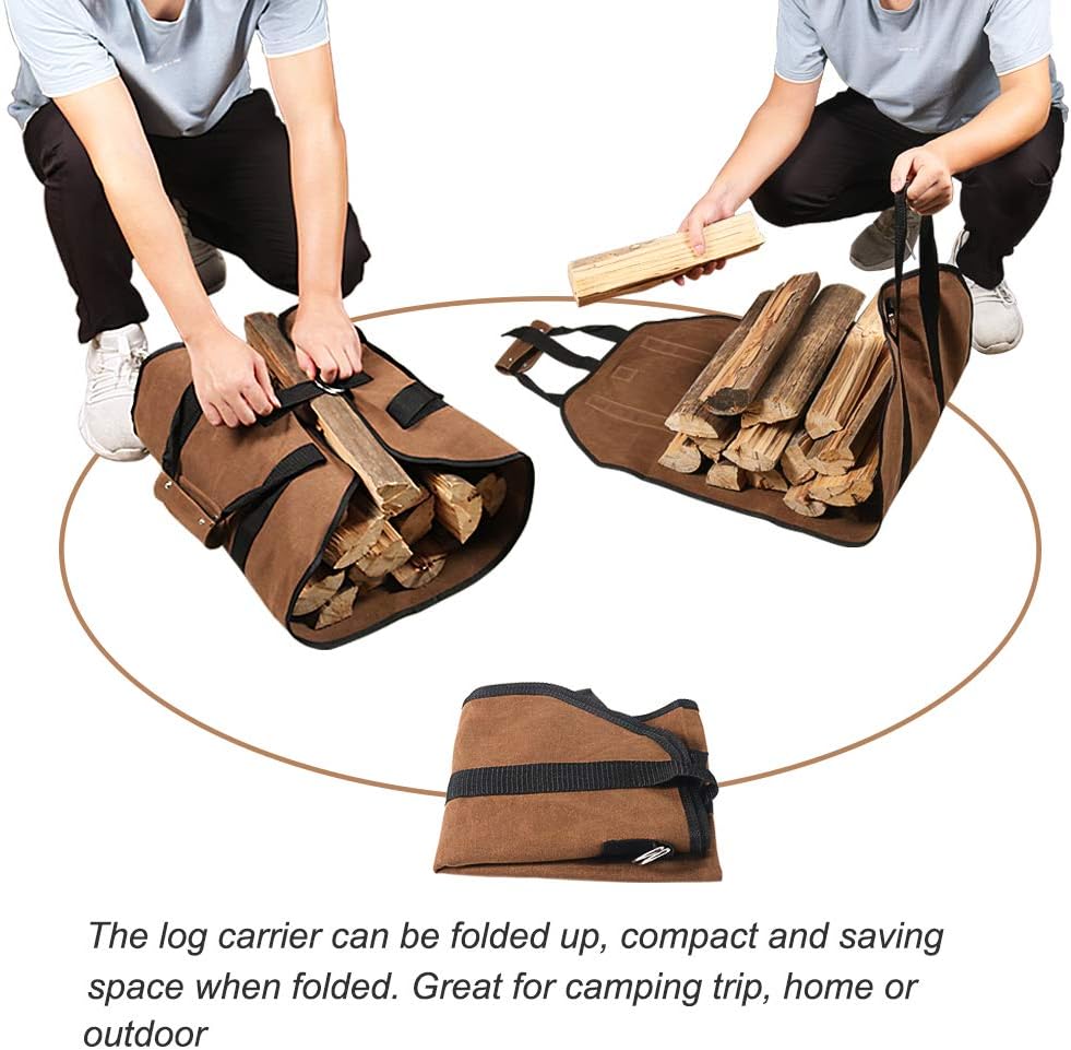 Firewood Carrier, 38in x 18in 16oz Waxed Canvas Log Carrier for Firewood, Wood Carrying Bag with Handles Securing Straps for Indoors Camping Trip, Gifts for Men Dad Husband Brown
