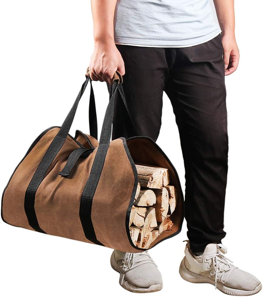 Firewood Carrier, 38in x 18in 16oz Waxed Canvas Log Carrier for Firewood, Wood Carrying Bag with Handles Securing Straps for Indoors Camping Trip, Gifts for Men Dad Husband Brown