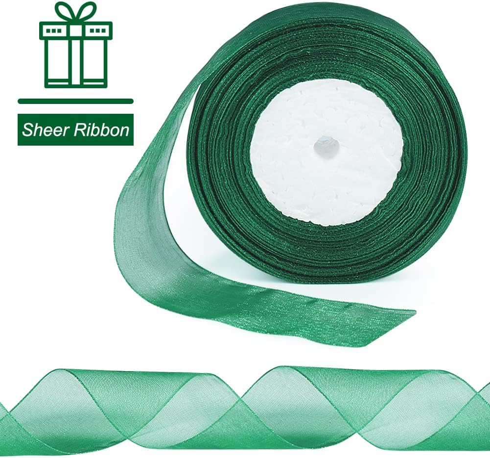 Green Sheer Ribbon, 50 Yards 1-1/2 inch Wide Shimmer Sheer Organza Ribbon for Bow Making, Gift Wrapping, Box Packaging, Crafting, Christmas Decoration and More
