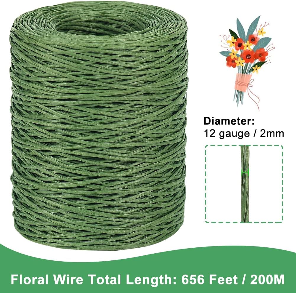 Floral Wire, 656 Feet 2mm Paper Covered Bind Wire for Floral Bouquets, Crowns, Wreath Making, Christmas Ornaments, Garlands, Wedding Decorating, Crafts Green