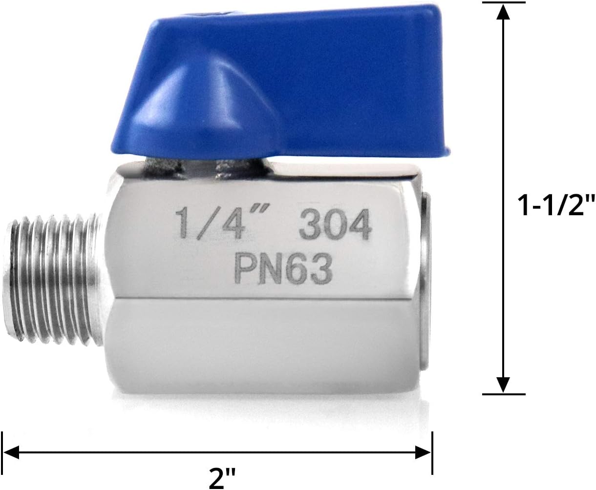 Mini Ball Valve, 2 Pack 1/4" NPT Thread Female and Male 304 Stainless Steel Shut-Off Valves