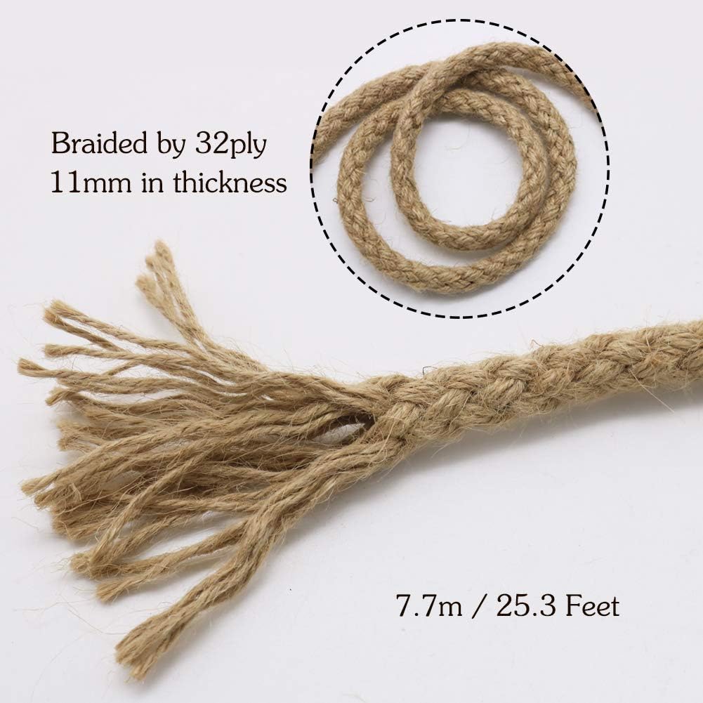 Braided Jute Rope, 25 Feet 11mm Thick Twine Rope for Crafting, Cat Scratching, Gardening, Bundling, Farmhouse Decor, Home Decor