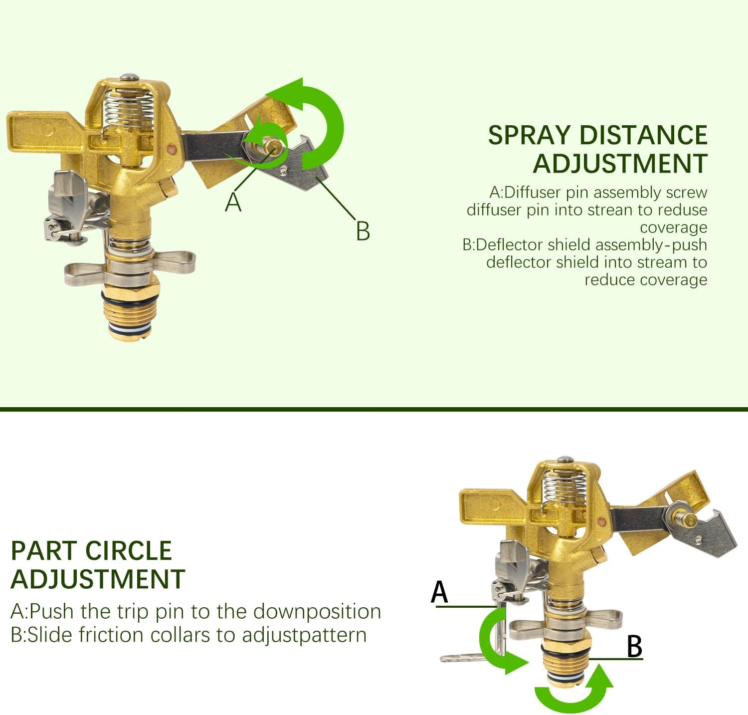 1/2 Inch Brass Impact Sprinkler, Heavy Duty Water Sprinkler Head, Adjustable 0-360 Degree Coverage Pattern, Watering Sprinkler with Nozzles for Large Patio Garden Irrigation 1 Pack