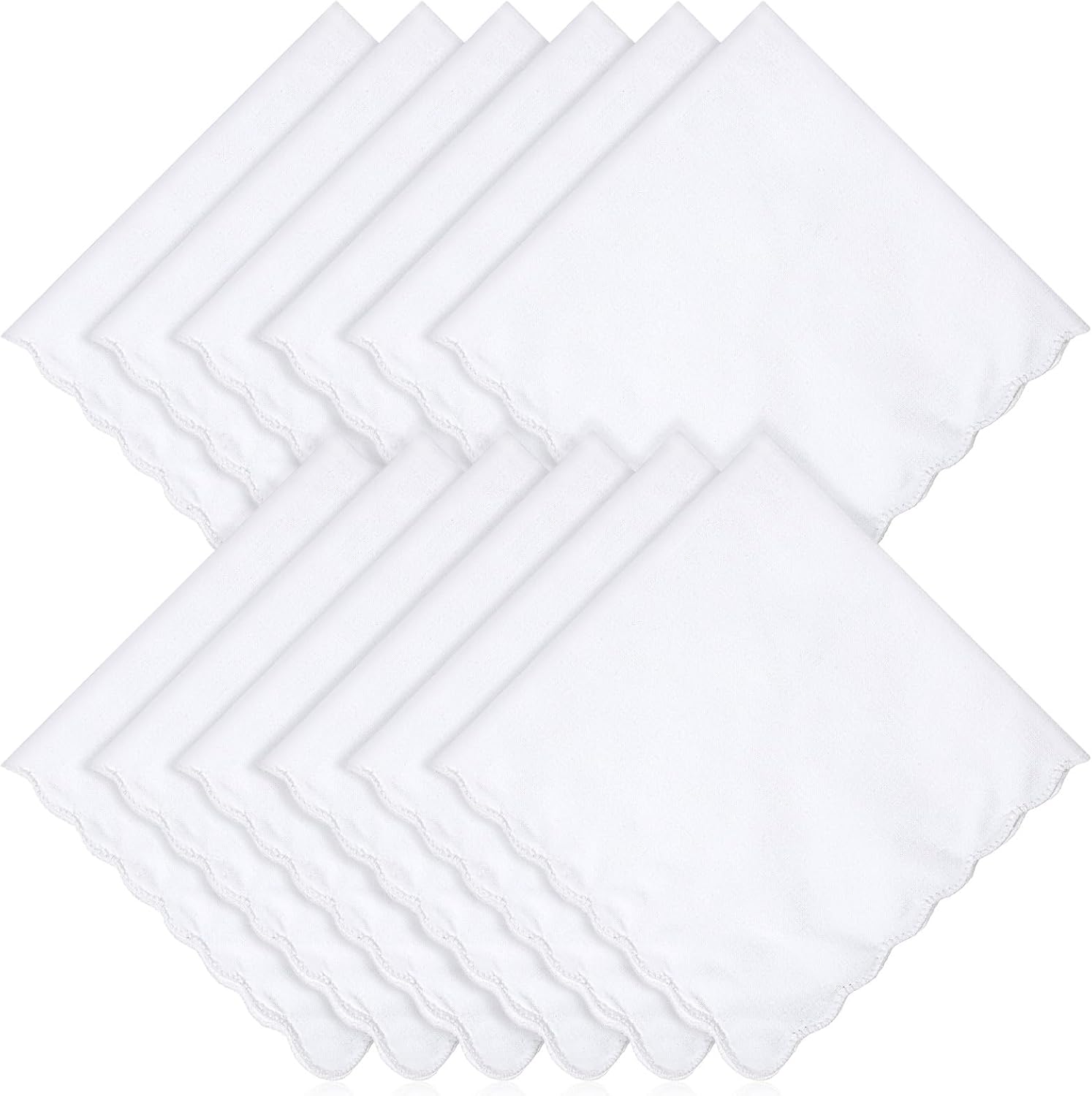12 Pcs White Handkerchiefs for Women, Premium Polyester Soft Scalloped Edge Ladies Handkerchiefs Hankies, Small Pocket Squares Handkerchief for Wedding Party Gift Embroidery 11 x 11 Inch