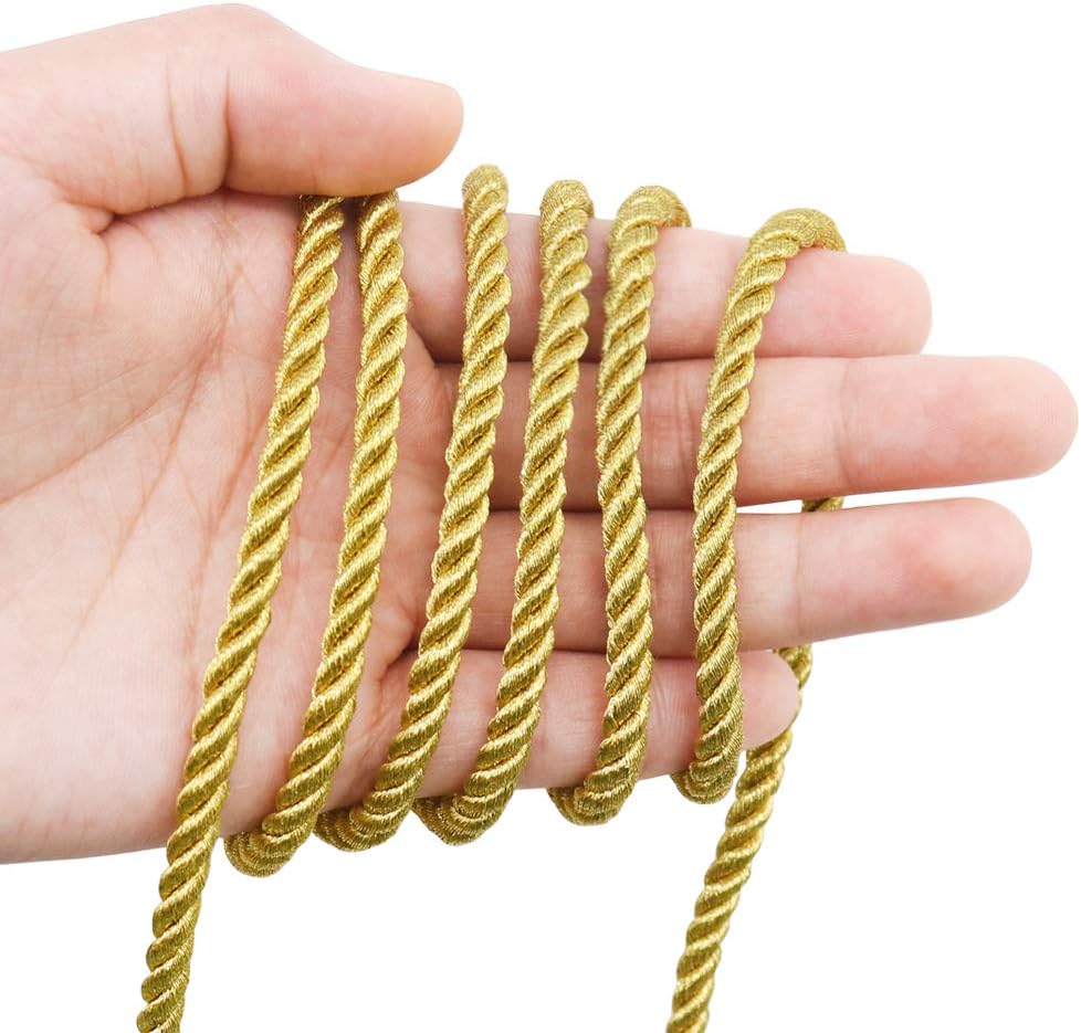 5mm Twisted Cord Trim, 59 Feet Gold Decorative Rope for Curtain Tieback, Upholstery, Honor Cord, Home Decor