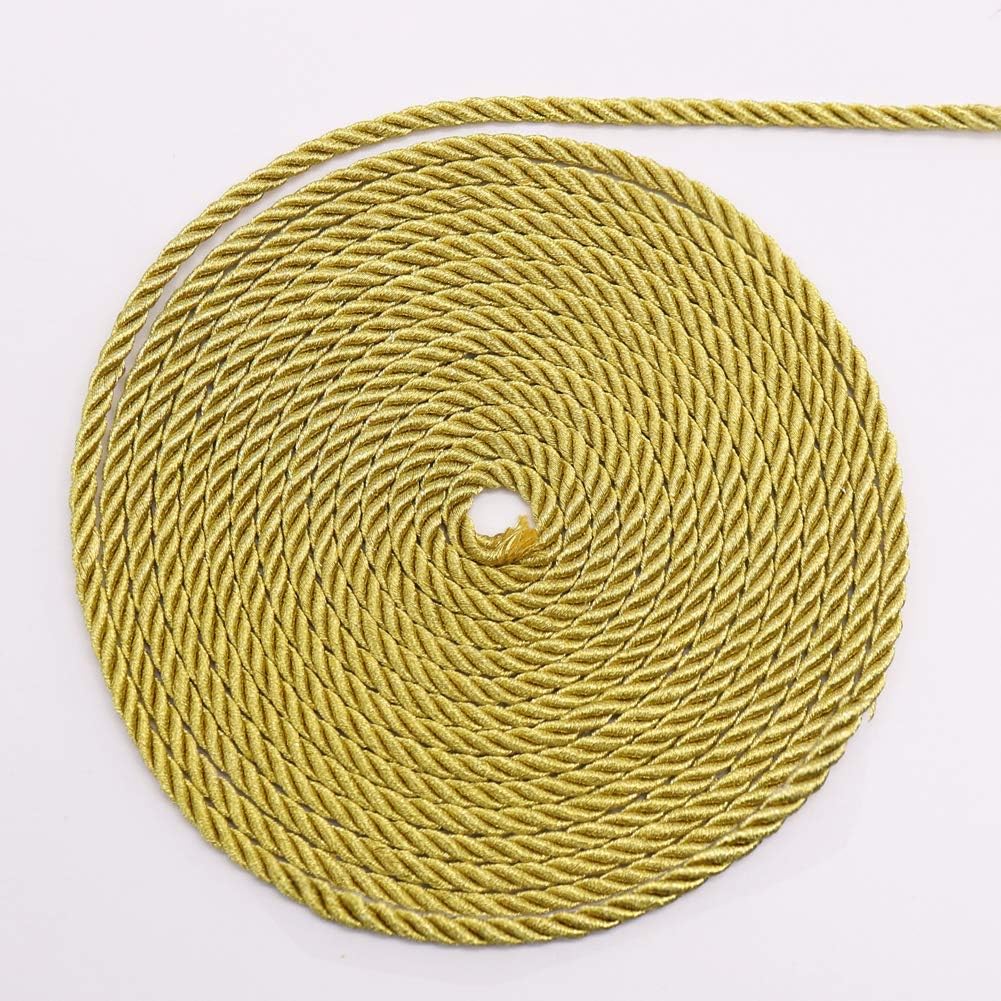 5mm Twisted Cord Trim, 59 Feet Gold Decorative Rope for Curtain Tieback, Upholstery, Honor Cord, Home Decor