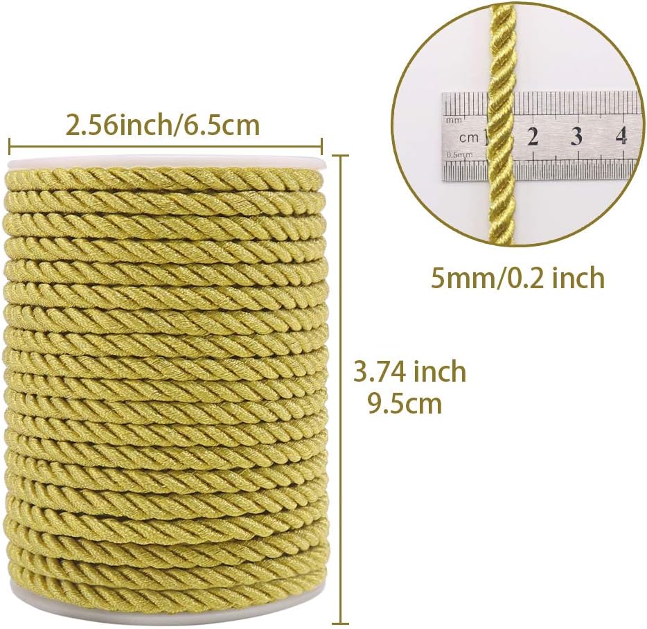 5mm Twisted Cord Trim, 59 Feet Gold Decorative Rope for Curtain Tieback, Upholstery, Honor Cord, Home Decor