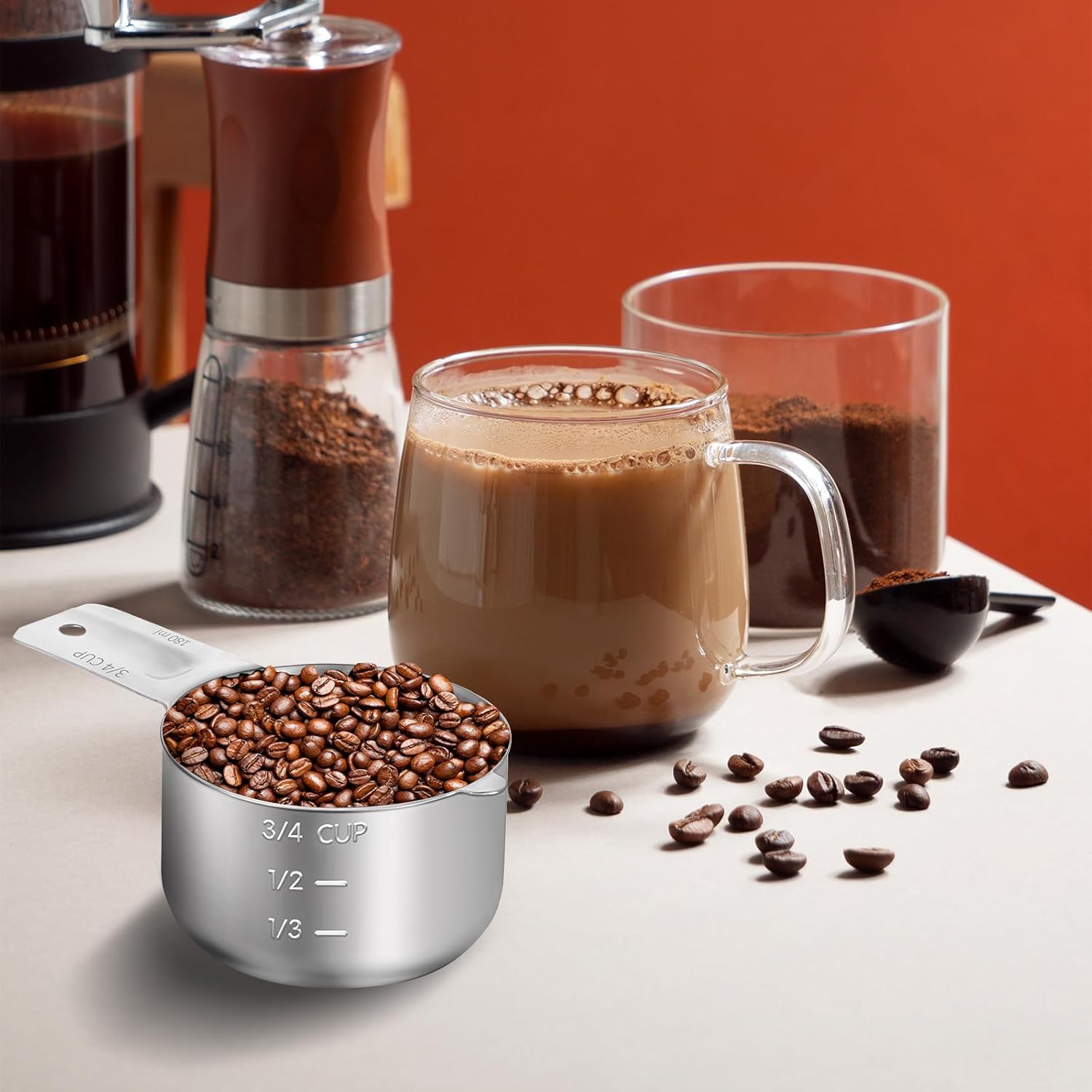 3/4 Cup 180ml, 6oz Stainless Steel Measuring Cups Measure Scoop for Cooking Baking Coffee, Dishwasher Safe, Metric and US Measurement
