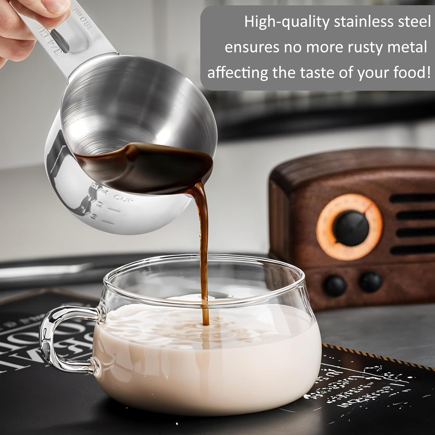 3/4 Cup 180ml, 6oz Stainless Steel Measuring Cups Measure Scoop for Cooking Baking Coffee, Dishwasher Safe, Metric and US Measurement