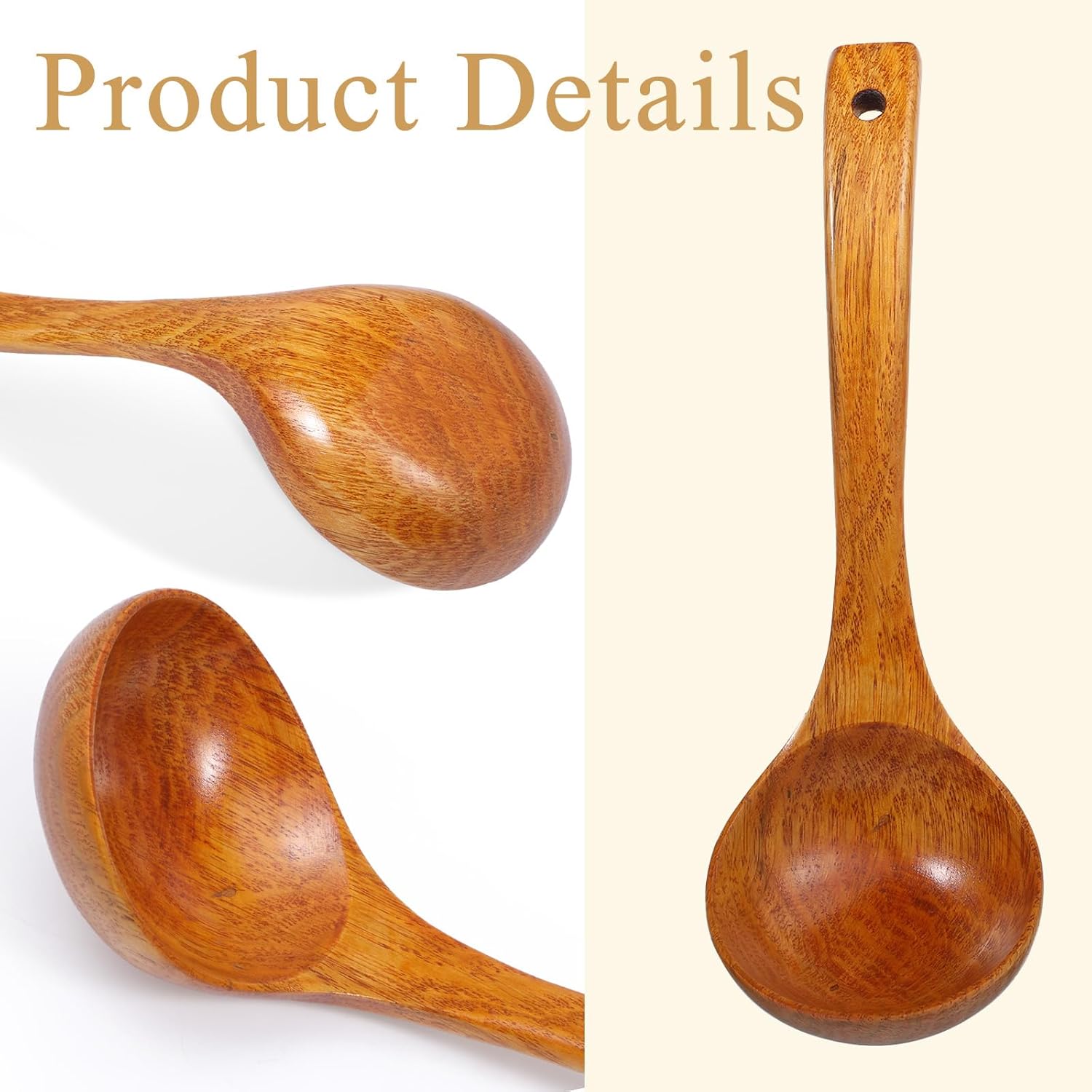 Wooden Ladle, 11" Long Handle Soup Ladle Spoon 3 fl oz Extra Large Kitchen Wooden Scoop Deep Teak Wood Spoon Utensil for Cooking Serving Cookware, Sustainable Natural Texture Bigger and Deeper