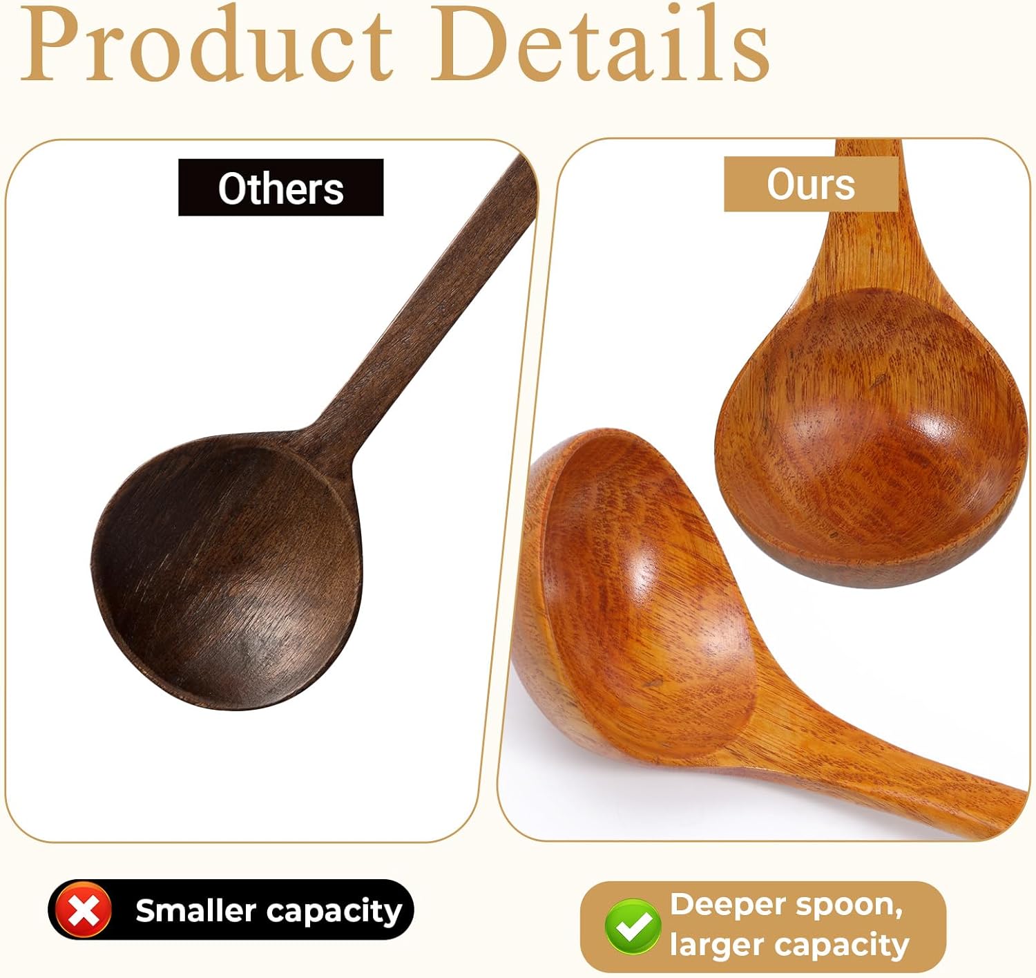 Wooden Ladle, 11" Long Handle Soup Ladle Spoon 3 fl oz Extra Large Kitchen Wooden Scoop Deep Teak Wood Spoon Utensil for Cooking Serving Cookware, Sustainable Natural Texture Bigger and Deeper