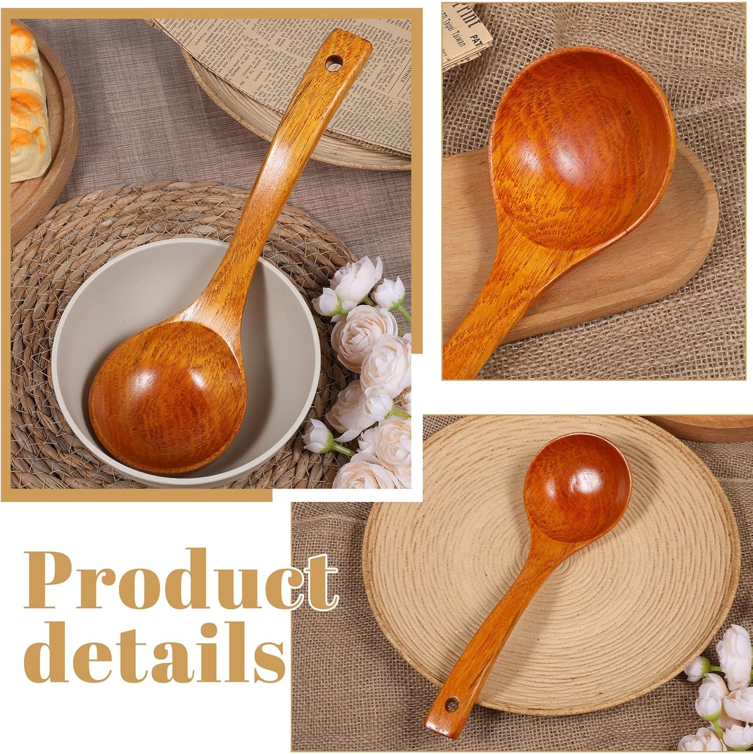 Wooden Ladle, 11" Long Handle Soup Ladle Spoon 3 fl oz Extra Large Kitchen Wooden Scoop Deep Teak Wood Spoon Utensil for Cooking Serving Cookware, Sustainable Natural Texture Bigger and Deeper