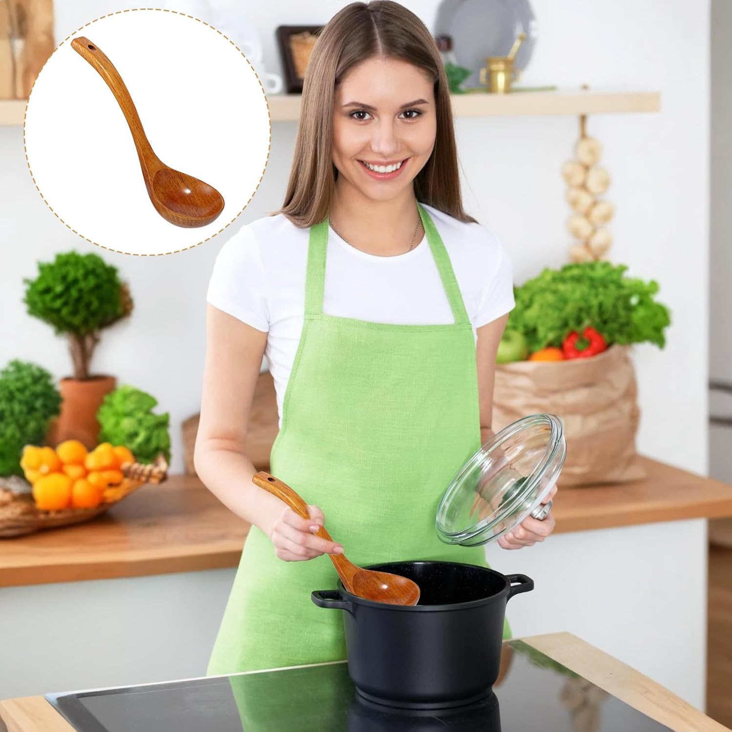 Wooden Ladle, 11" Long Handle Soup Ladle Spoon 3 fl oz Extra Large Kitchen Wooden Scoop Deep Teak Wood Spoon Utensil for Cooking Serving Cookware, Sustainable Natural Texture Bigger and Deeper