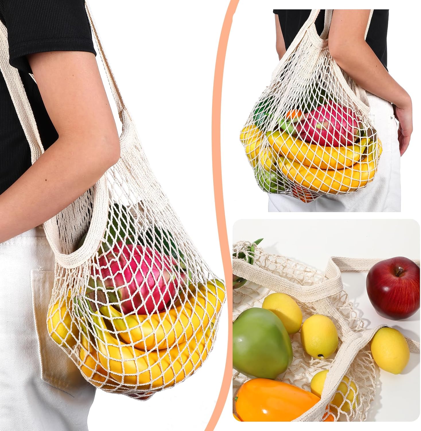 2 Pack Reusable Cotton Mesh Farmers Market Bag, Grocery Tote Net Shopping Bag, Washable Durable Portable Net String Produce Shopping Bags with Long Handle for Fruits, Vegetables, Shoppings Beige