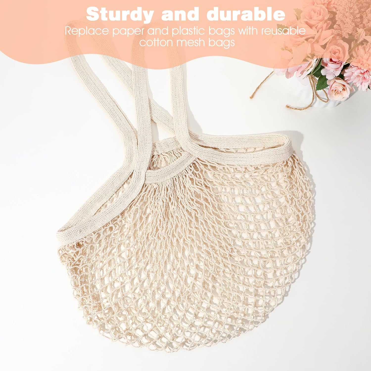 2 Pack Reusable Cotton Mesh Farmers Market Bag, Grocery Tote Net Shopping Bag, Washable Durable Portable Net String Produce Shopping Bags with Long Handle for Fruits, Vegetables, Shoppings Beige