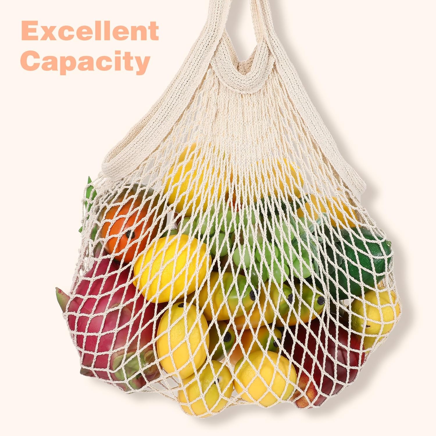 2 Pack Reusable Cotton Mesh Farmers Market Bag, Grocery Tote Net Shopping Bag, Washable Durable Portable Net String Produce Shopping Bags with Long Handle for Fruits, Vegetables, Shoppings Beige