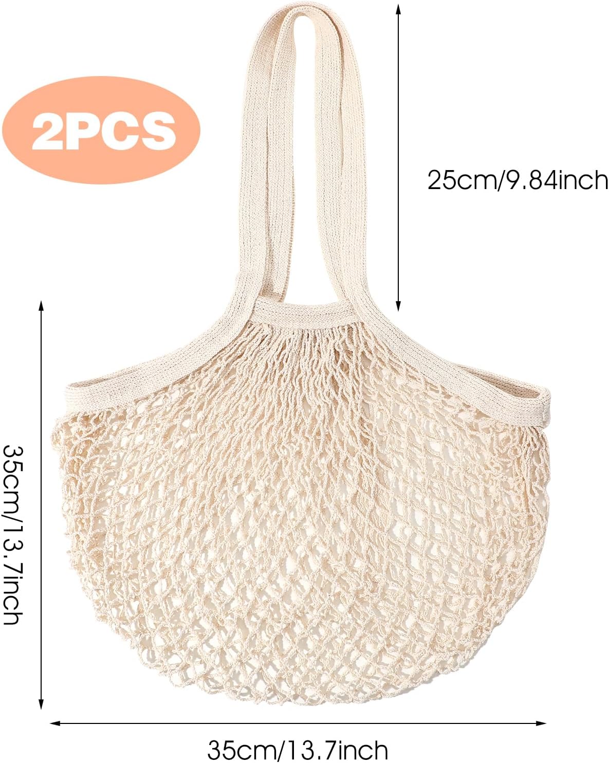 2 Pack Reusable Cotton Mesh Farmers Market Bag, Grocery Tote Net Shopping Bag, Washable Durable Portable Net String Produce Shopping Bags with Long Handle for Fruits, Vegetables, Shoppings Beige