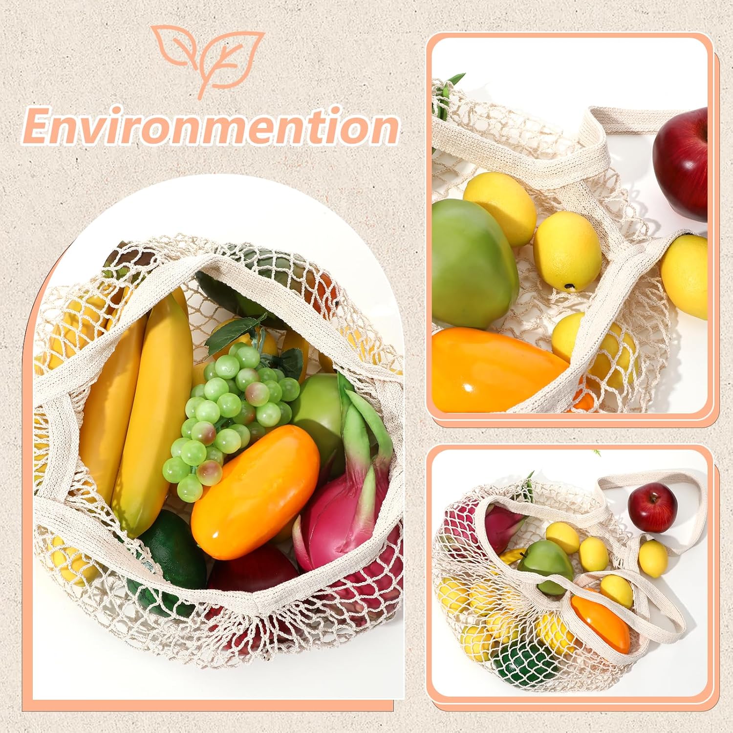 2 Pack Reusable Cotton Mesh Farmers Market Bag, Grocery Tote Net Shopping Bag, Washable Durable Portable Net String Produce Shopping Bags with Long Handle for Fruits, Vegetables, Shoppings Beige
