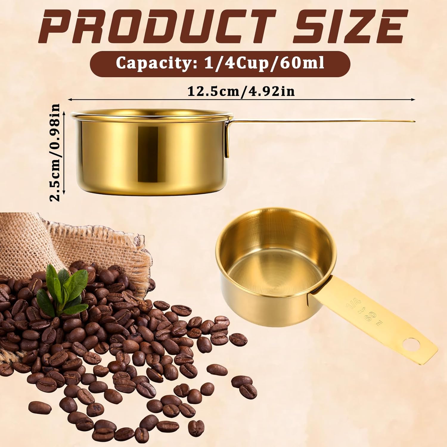 1/4 Cup Measuring Cups, 4 Pcs Golden Stainless Steel Measuring Scoop Gold Kitchen Accessories Metal 2 oz Cups for Baking Cooking Dry and Liquid Ingredient, Dishwasher Safe