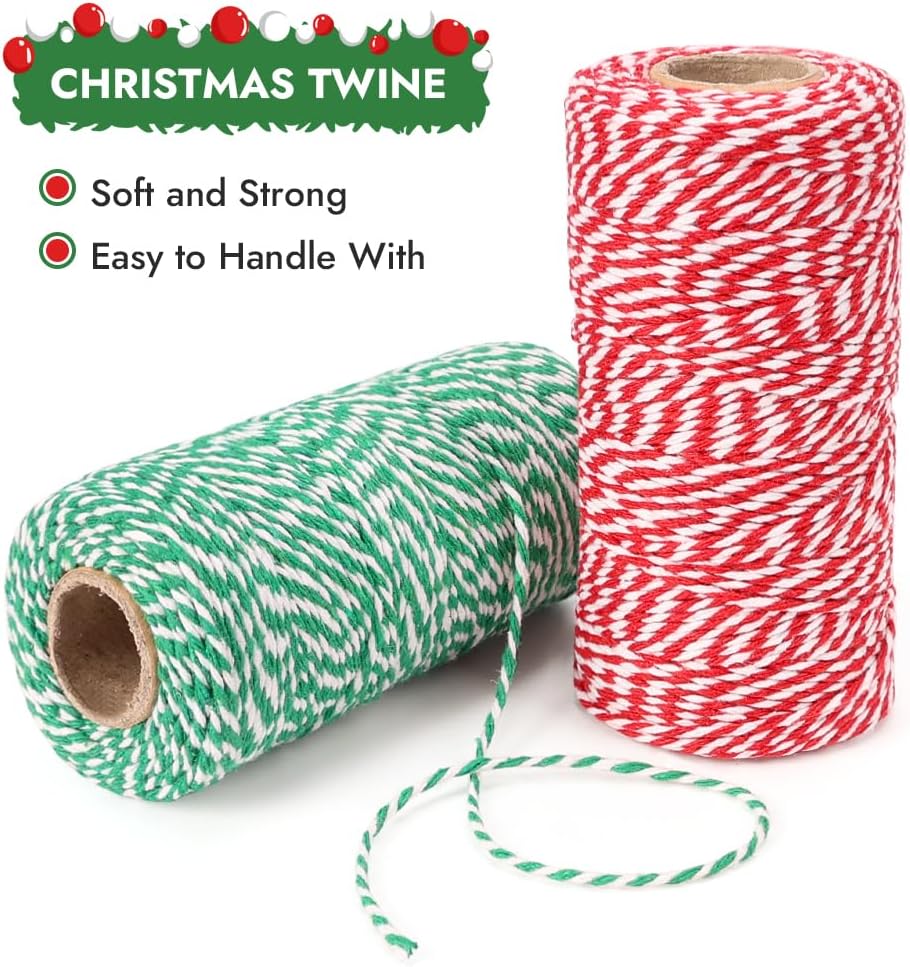 Bakers Twine, 656 Feet 2 Rolls Christmas Twine String Ribbon for Gift Wrapping, Pastry Boxes Tying, Festival Decorations, DIY Crafts 328Feet Each Roll