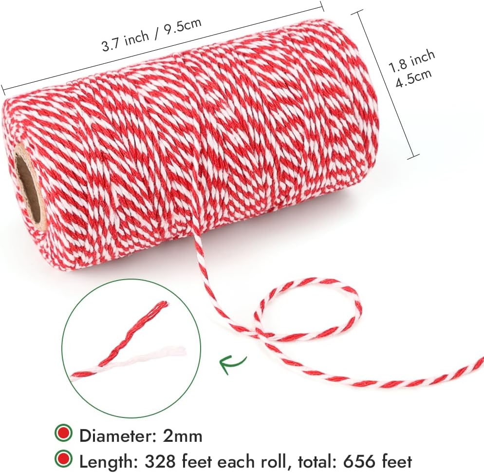 Bakers Twine, 656 Feet 2 Rolls Christmas Twine String Ribbon for Gift Wrapping, Pastry Boxes Tying, Festival Decorations, DIY Crafts 328Feet Each Roll
